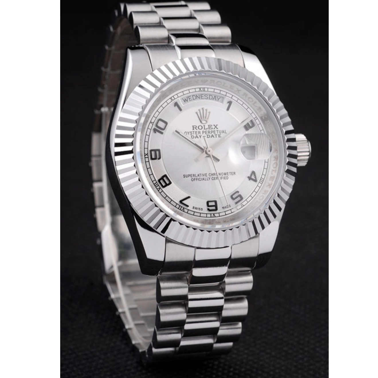 AAA replica watch Steel Dial Rolex Day-Date Polished White Stainless 0725